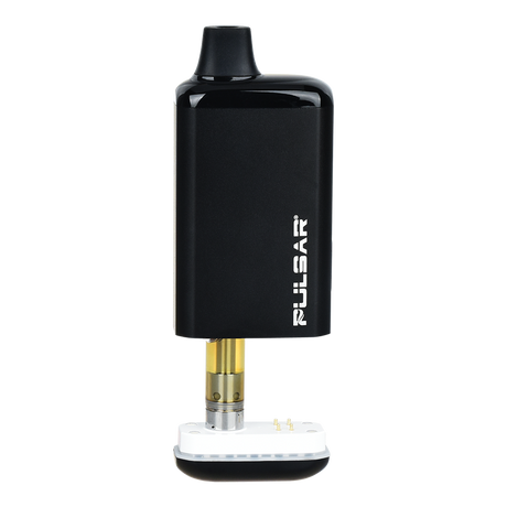 Pulsar 510 DL 2.0 Pro Auto-Draw VV 510 Battery with clear cartridge on charging dock, featuring sleek design and discreet, pocket-sized form.