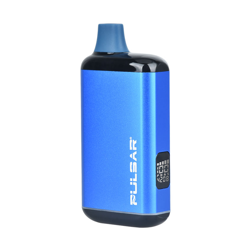 DL 2.0 PRO Auto-Draw VV 510 Battery, featuring a blue metal body, digital display, and silicone mouthpiece, showcased as a compact, sleek vape pen.