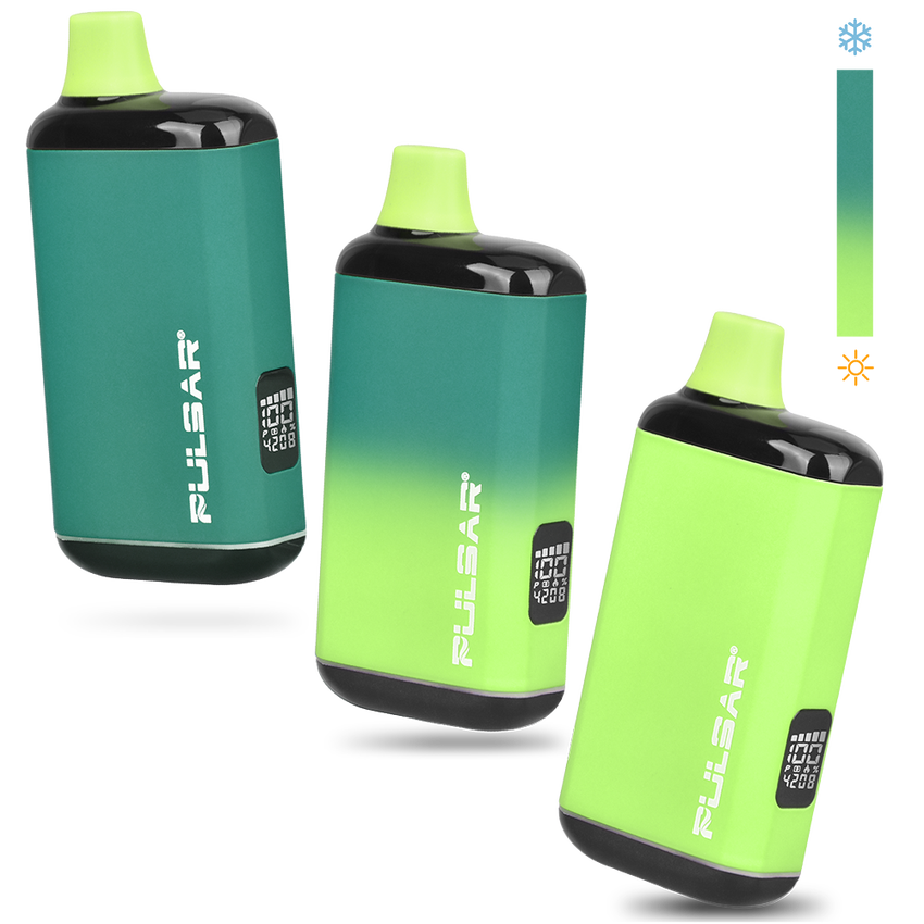 Pulsar DL 2.0 PRO Thermo VV 510 Battery pod-style vaporizers with OLED display, color-changing housing, and built-in mouthpiece, showcasing sleek design and interactive finish.
