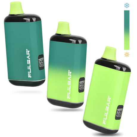 Pulsar DL 2.0 PRO Thermo VV 510 Battery pod-style vaporizers with OLED display, color-changing housing, and built-in mouthpiece, showcasing sleek design and interactive finish.