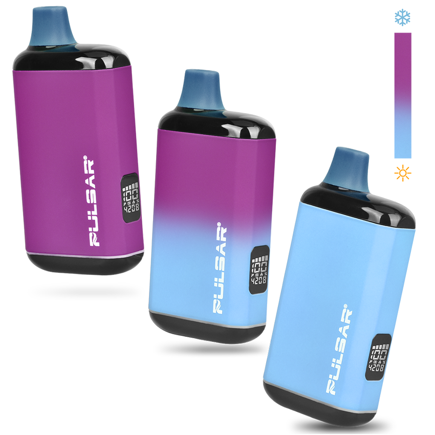 DL 2.0 PRO Thermo VV 510 Battery, featuring 3 color-shifting vaporizers with digital displays and heat-sensitive coating, alongside a temperature-scale graphic illustrating color change.