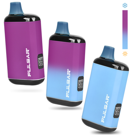 DL 2.0 PRO Thermo VV 510 Battery, featuring 3 color-shifting vaporizers with digital displays and heat-sensitive coating, alongside a temperature-scale graphic illustrating color change.
