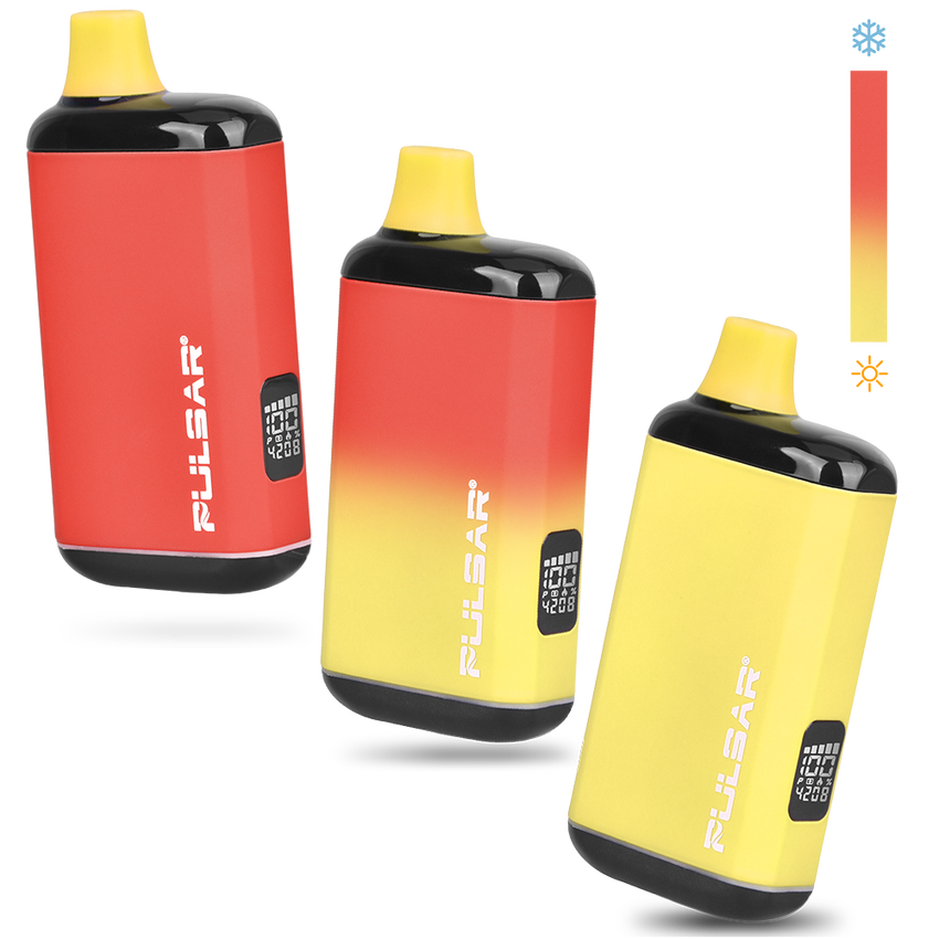 DL 2.0 PRO Thermo VV 510 Battery vaporizer trio, with yellow mouthpieces and thermochromic finish, displaying heat-induced color change from yellow to red.