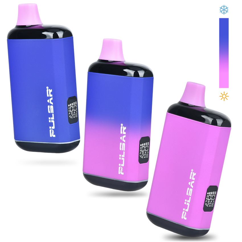 Three handheld Pulsar DL 2.0 PRO Thermo VV 510 Batteries, featuring built-in mouthpieces, digital displays, and color-changing exteriors for vaporizing herbs or concentrates.