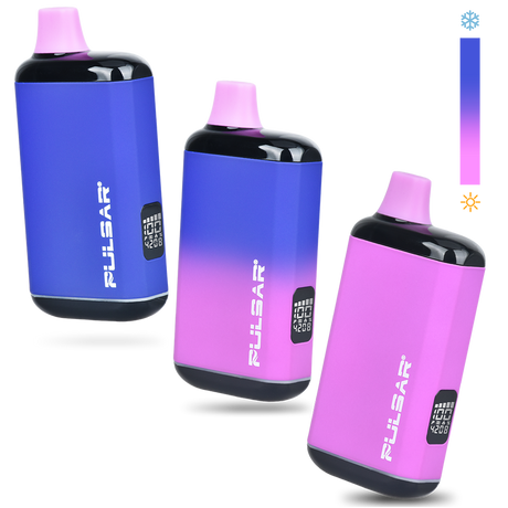 Three handheld Pulsar DL 2.0 PRO Thermo VV 510 Batteries, featuring built-in mouthpieces, digital displays, and color-changing exteriors for vaporizing herbs or concentrates.