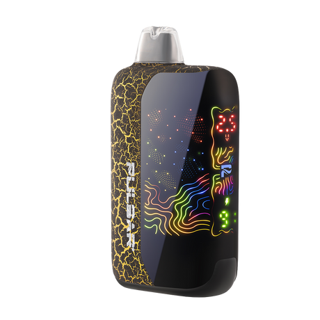 Pulsar DL 6.0 Crackle 510 Battery featuring a black crackle-textured panel, colorful neon patterns, built-in mouthpiece, and sleek design for discreet use.