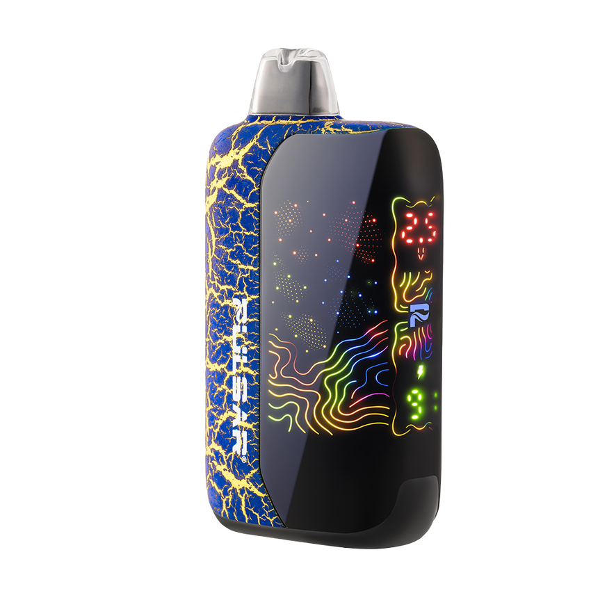 DL 6.0 Crackle 510 Battery, a pocket-sized vape with blue-and-gold marbled finish, metallic mouthpiece, and rainbow-lit glossy front panel displaying status icons.