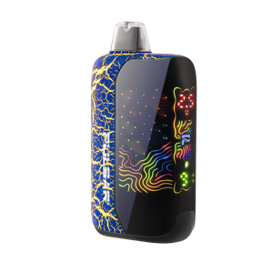 DL 6.0 Crackle 510 Battery, a pocket-sized vape with blue-and-gold marbled finish, metallic mouthpiece, and rainbow-lit glossy front panel displaying status icons.