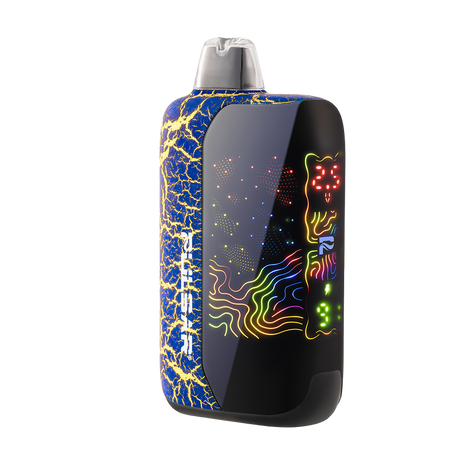 DL 6.0 Crackle 510 Battery, a pocket-sized vape with blue-and-gold marbled finish, metallic mouthpiece, and rainbow-lit glossy front panel displaying status icons.