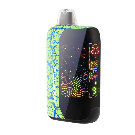 DL 6.0 Crackle 510 Battery: Compact vape with a cracked green panel, black front, neon patterns, clear pod, and LED for precision control.