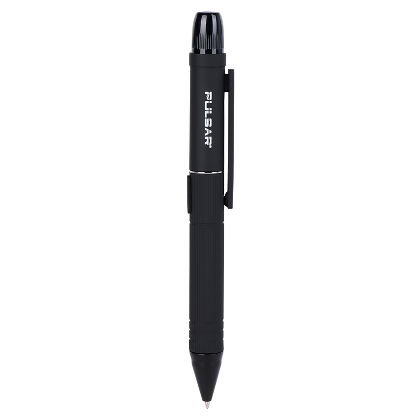 DL Scribe 510 Vape Pen Battery with ballpoint tip, LED flashlight module, and pocket clip, designed for discreet use with a concealed cartridge compartment.