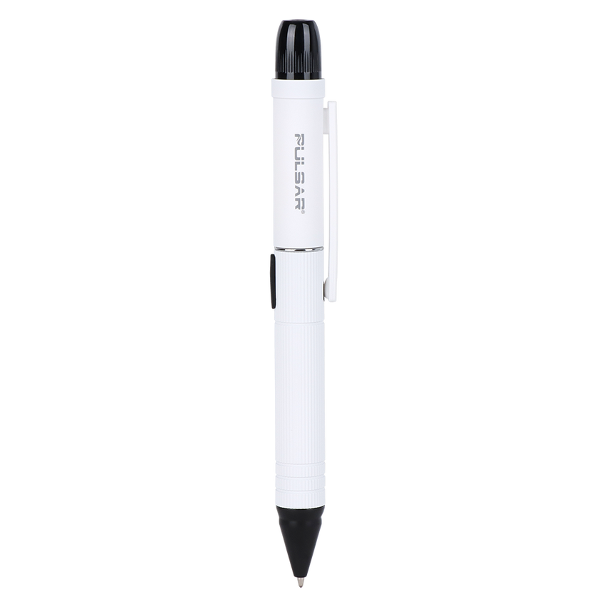 DL Scribe 510 Vape Pen Battery: White pen-shaped device with black tip, slider, clip, and cap, featuring discreet multi-functionality for vaping and writing.