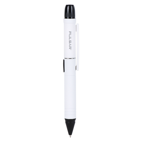 DL Scribe 510 Vape Pen Battery: White pen-shaped device with black tip, slider, clip, and cap, featuring discreet multi-functionality for vaping and writing.