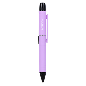 DL Scribe 510 Vape Pen Battery, purple-anodized, features a ballpoint tip, black clip, cap, and integrated LED module for versatile functionality.