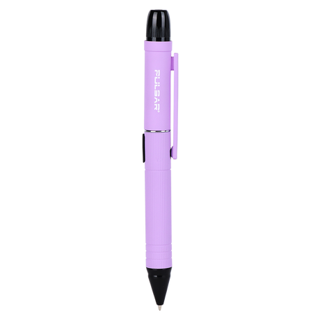 DL Scribe 510 Vape Pen Battery, purple-anodized, features a ballpoint tip, black clip, cap, and integrated LED module for versatile functionality.