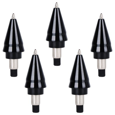 DL Scribe 510 Vape Pen Battery's six interchangeable nozzle attachments for precise cleaning, featuring black plastic cones with metal adapters and fine bristle rings.