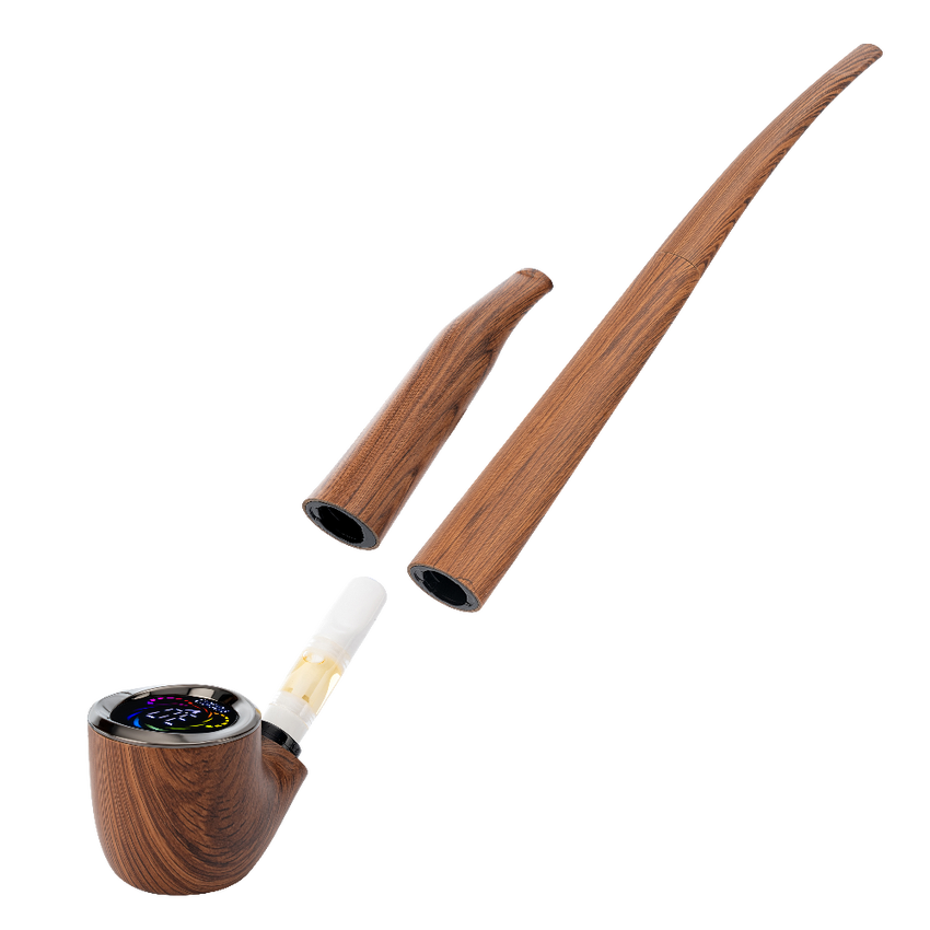 510 DL Wizard Pipe VV Vaporizer, featuring a wood-grain body with LCD, translucent cartridge, and two interchangeable stems for customizable vaping experience.