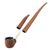 510 DL Wizard Pipe VV Vaporizer, featuring a wood-grain body with LCD, translucent cartridge, and two interchangeable stems for customizable vaping experience.