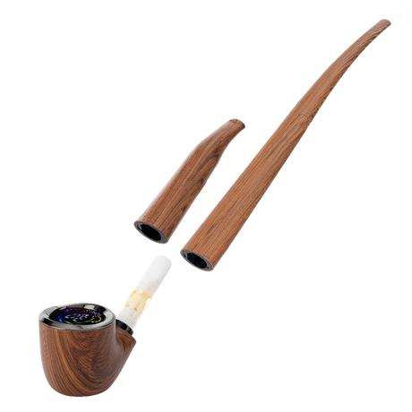 510 DL Wizard Pipe VV Vaporizer, featuring a wood-grain body with LCD, translucent cartridge, and two interchangeable stems for customizable vaping experience.