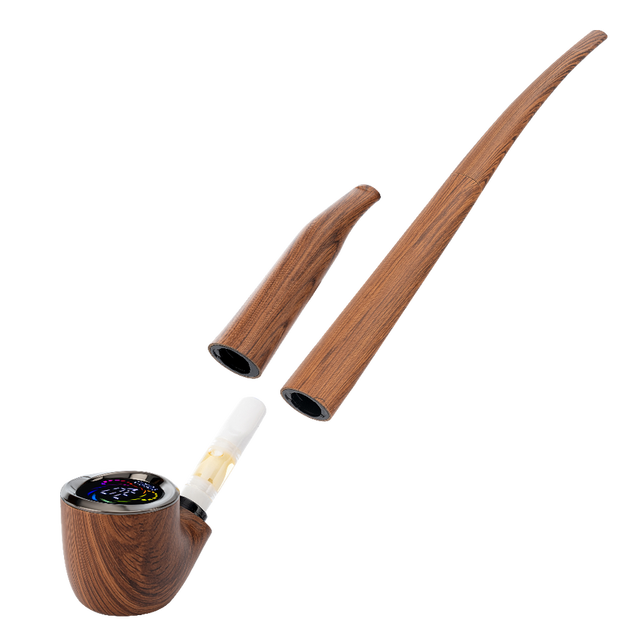 510 DL Wizard Pipe VV Vaporizer, featuring a wood-grain body with LCD, translucent cartridge, and two interchangeable stems for customizable vaping experience.