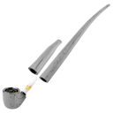 Disassembled 510 DL Wizard Pipe VV Vaporizer, showcasing the bowl with heating assembly, golden oil cartridge, and two wood-textured tube sections for mouthpiece assembly.