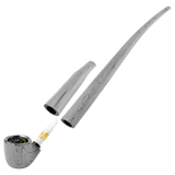 Disassembled 510 DL Wizard Pipe VV Vaporizer, showcasing the bowl with heating assembly, golden oil cartridge, and two wood-textured tube sections for mouthpiece assembly.