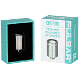 Chorus Ceramic Chamber Atomizer packaging with an open box revealing the stainless-steel atomizer in black foam, designed for the Pulsar Chorus Concentrate Vaporizer.