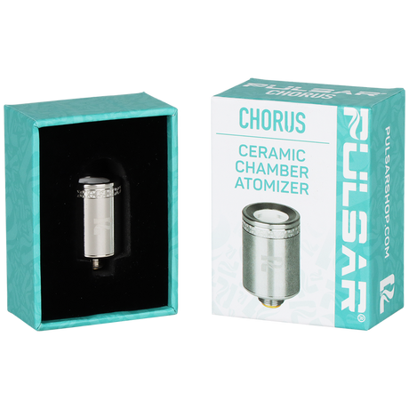 Chorus Ceramic Chamber Atomizer packaging with an open box revealing the stainless-steel atomizer in black foam, designed for the Pulsar Chorus Concentrate Vaporizer.