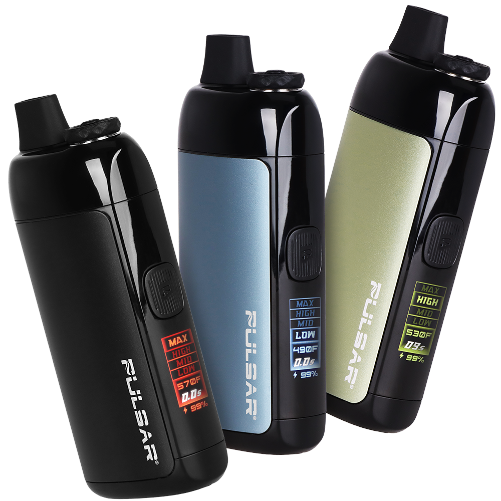 Three Pulsar Chorus vaping devices in black, blue, and green on a white background
