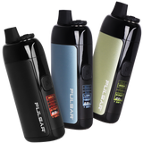 Three Pulsar Chorus vaping devices in black, blue, and green on a white background