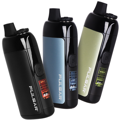 Three Pulsar Chorus vaping devices in black, blue, and green on a white background