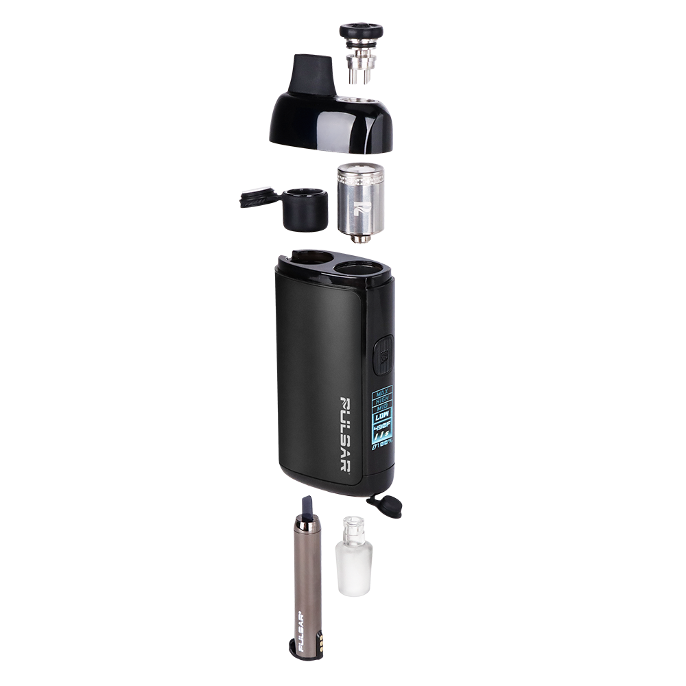 Pulsar Chorus Vaping device with various components on a white background