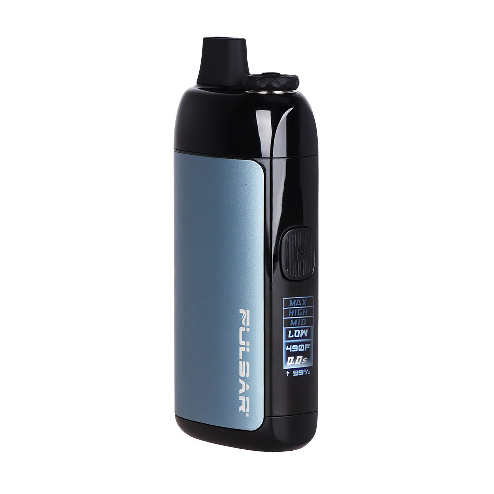 Blue Pulsar Chorus vape device with digital display on a white background