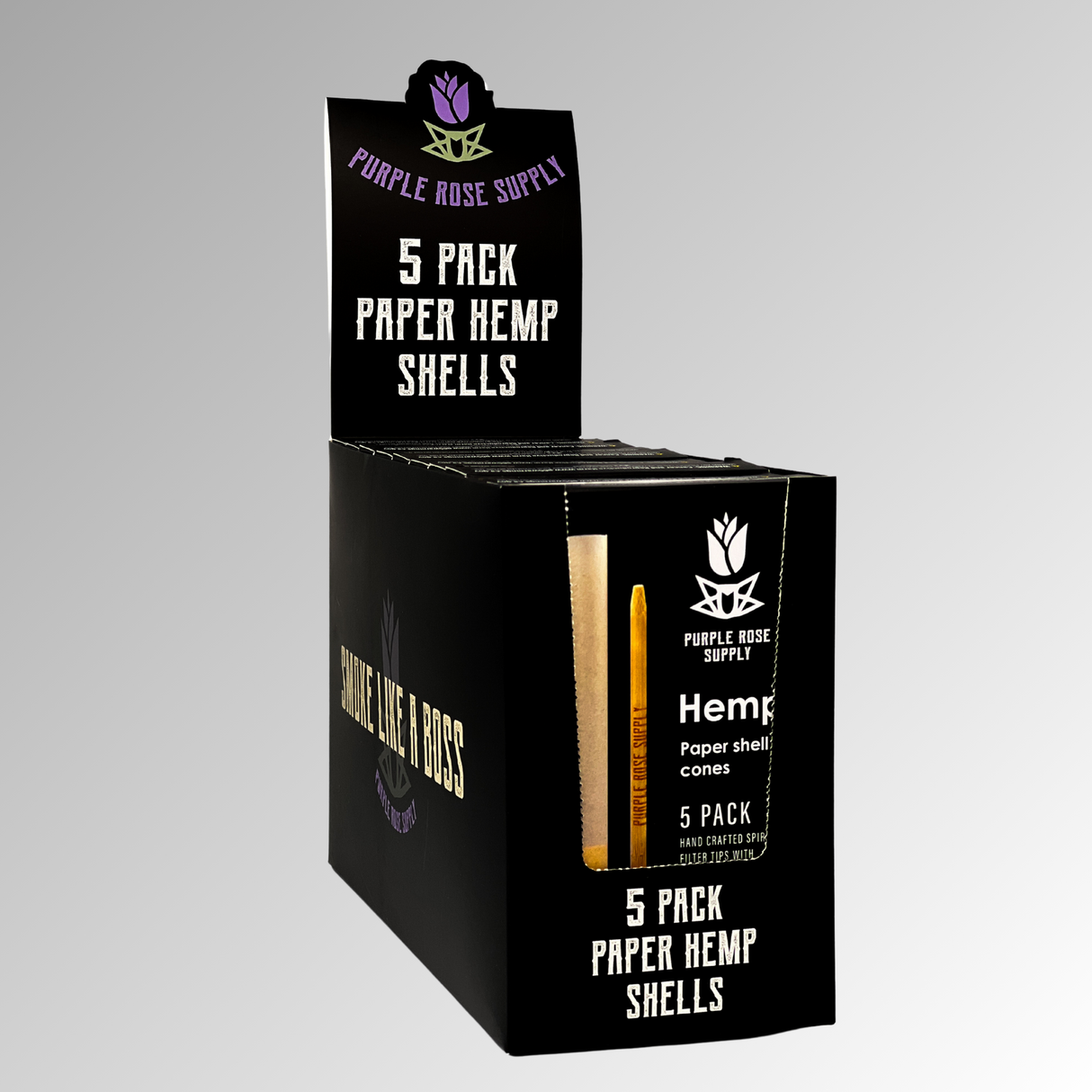 Large Shell Cones - Carton of 10: Black packaging with white text, featuring a logo, designed for large cannagars or hand-packed smokeables, enhancing smoking experience.