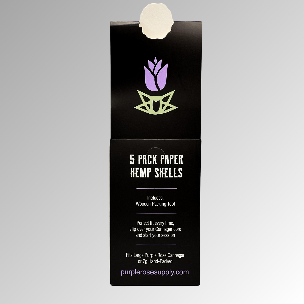 Large Shell Cones - Carton of 10: Black box with white text and a purple flower, designed for crafting large cannagars or hand-packed smokeables.