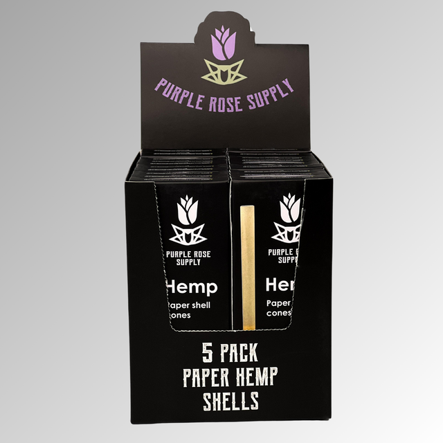 Mini Shell Cones - Carton of 20, featuring pre-formed paper shells ideal for crafting premium cannagars, with visible white flower motif and logo on packaging.