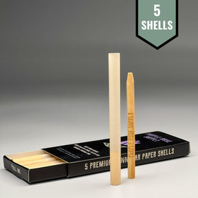 Mini Shell Cones - Carton of 20: Black box featuring pre-formed paper shells for high-end cannagars, enhancing slow-burning, premium smoking experiences for smoke shops.