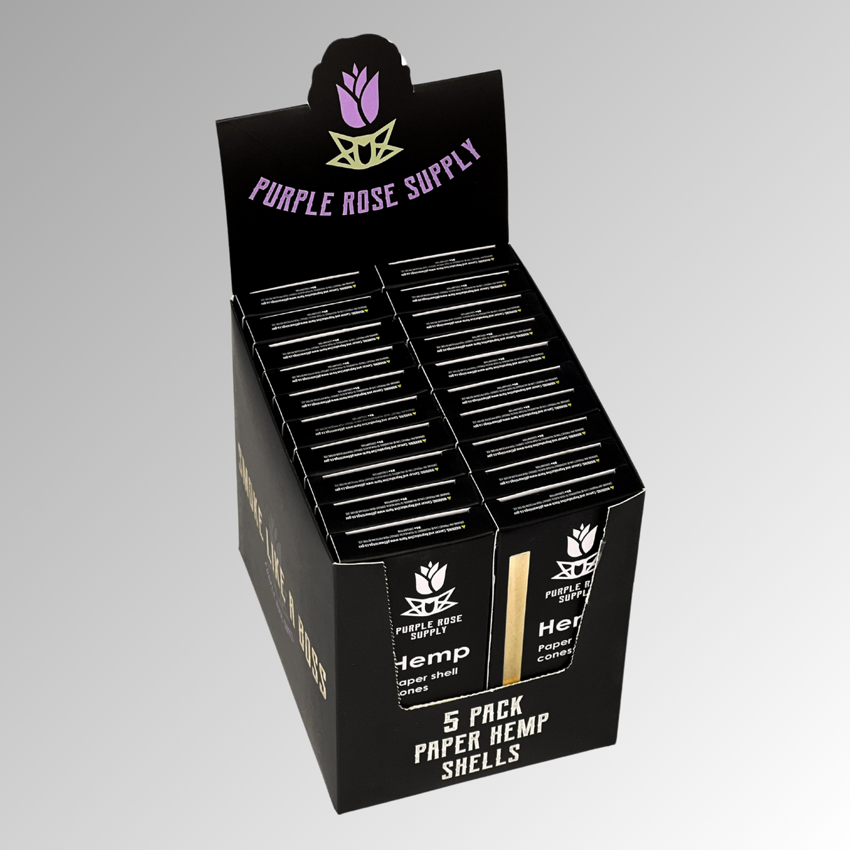 Mini Shell Cones - Carton of 20 featuring premium pre-formed paper shells for crafting cannagars, shown in black box with white labels and flower design.
