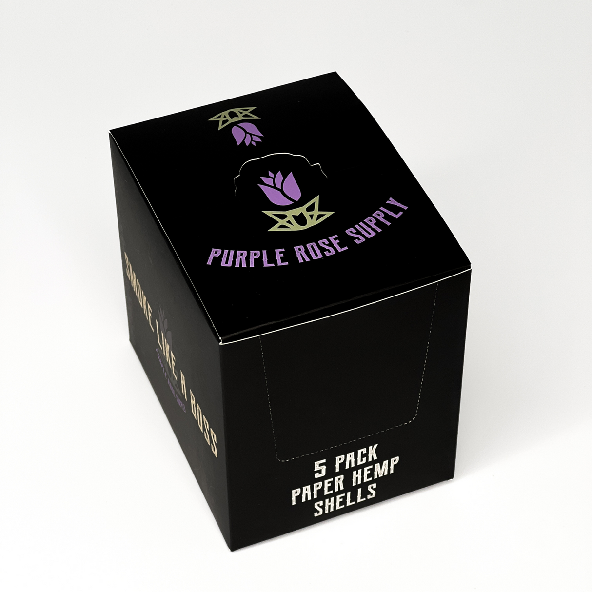 Mini Shell Cones - Carton of 20: Black box with purple logo, containing 5 pre-formed paper shells for crafting premium cannagars. Ideal for smoke shops.