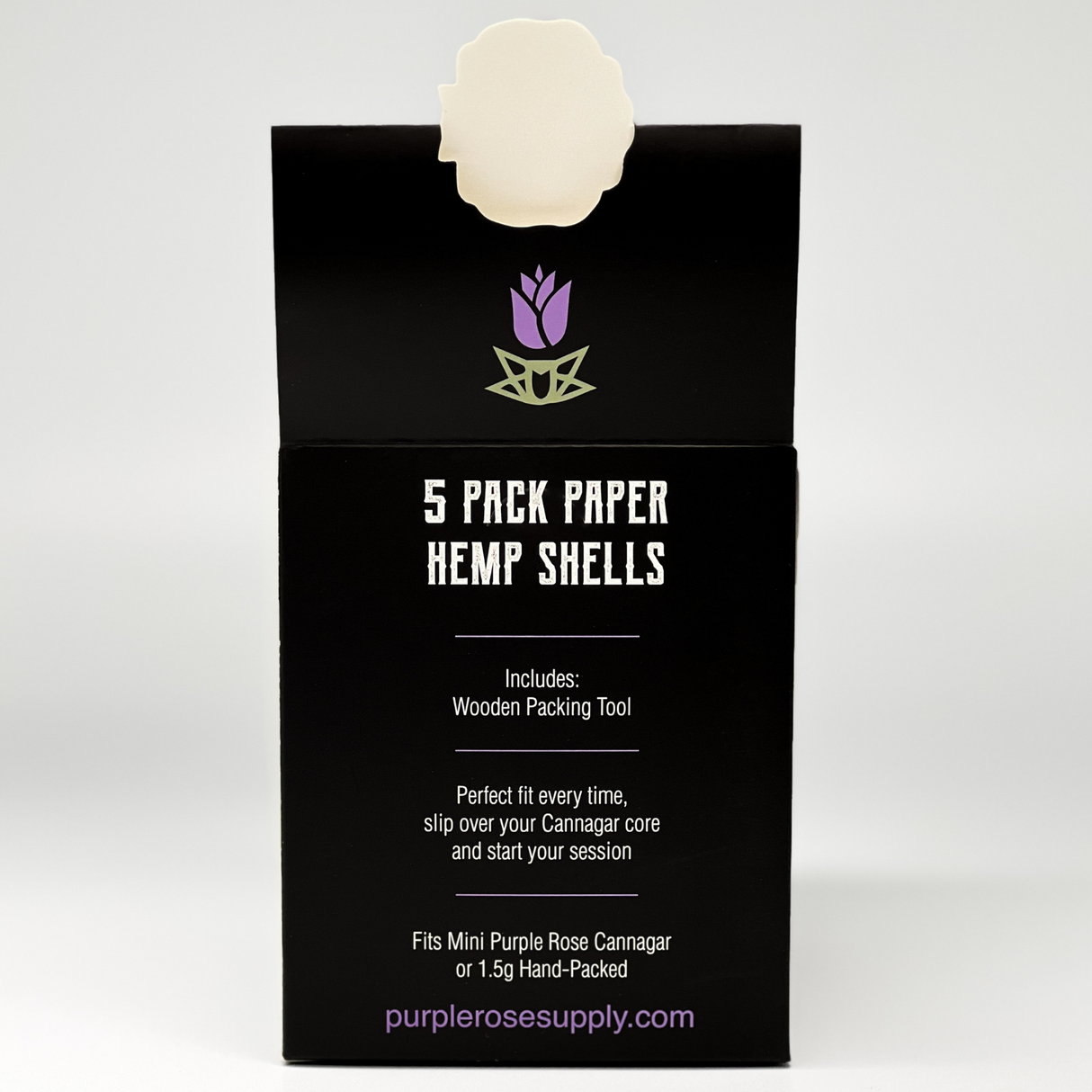 Mini Shell Cones - Carton of 20, featuring black packaging with a purple flower and white text, ideal for crafting premium cannagars or custom smokeables.
