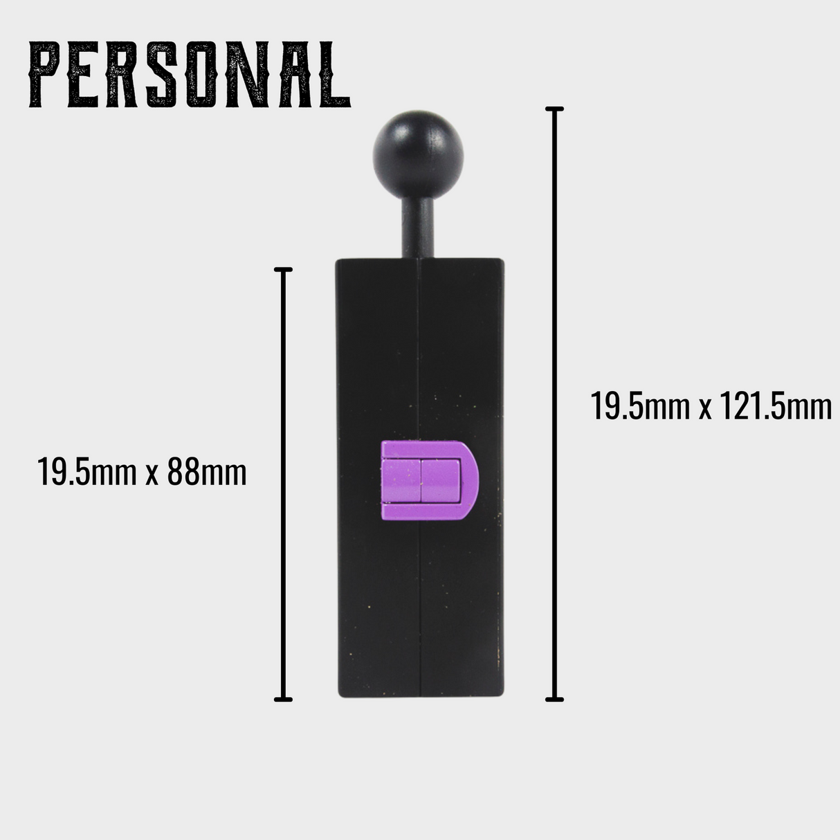 Personal CannaMold - Fits 2-4g: Black rectangular mold with purple latch, topped with a ball, showing dimensions for creating slow-burning cannagars.