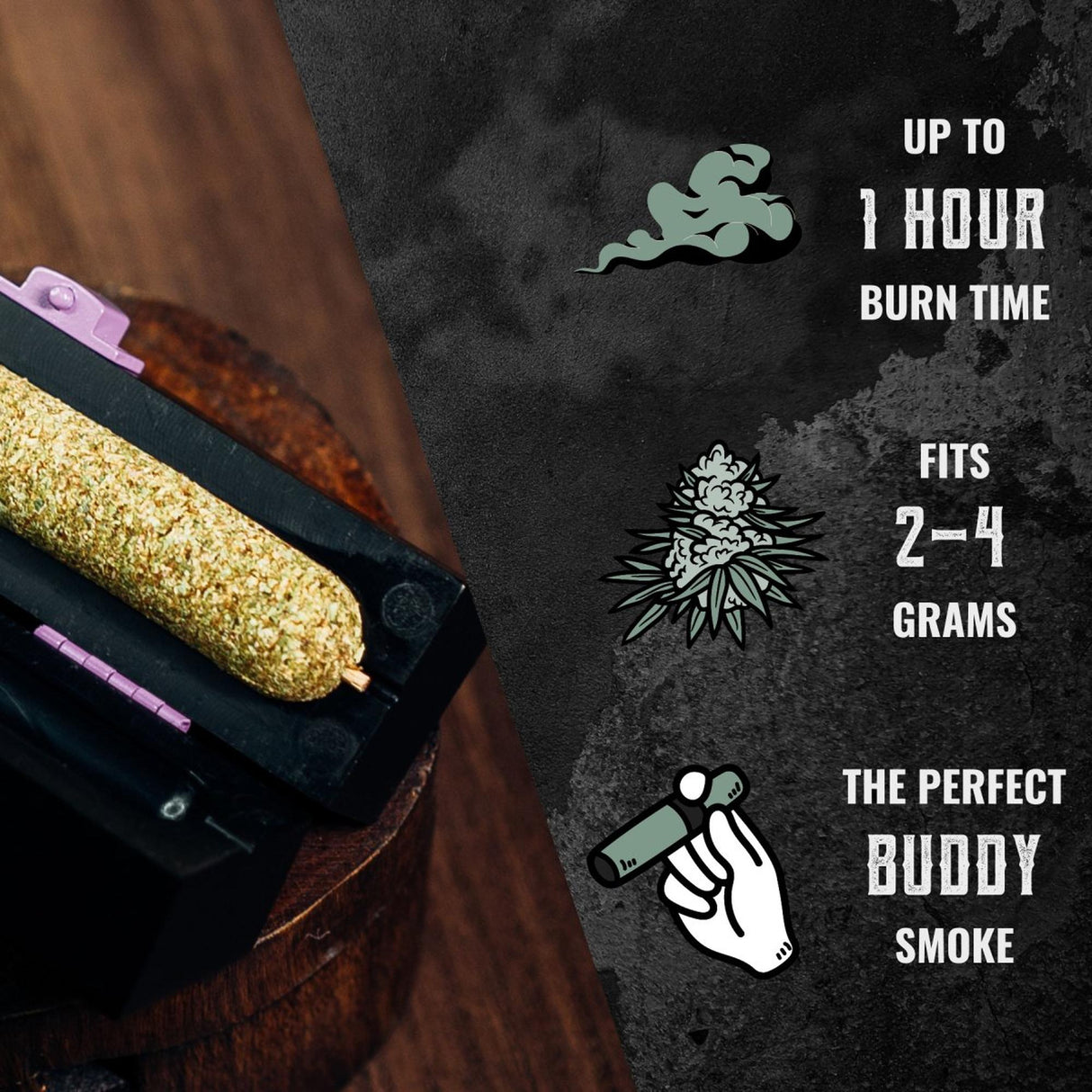 Personal CannaMold - Fits 2-4g, shown as a compact tool for crafting slow-burning cannagars, emphasizing its innovative design for extended smoking sessions and efficient airflow.