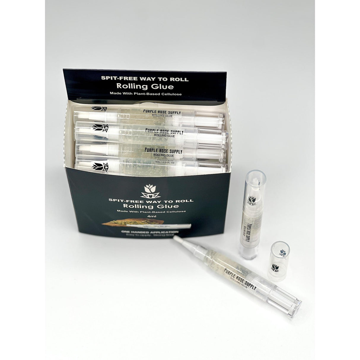 Rolling Glue Box - 4 ml - Carton of 24, featuring two tubes and a box, ideal for spit-free, precise application on wraps and papers.