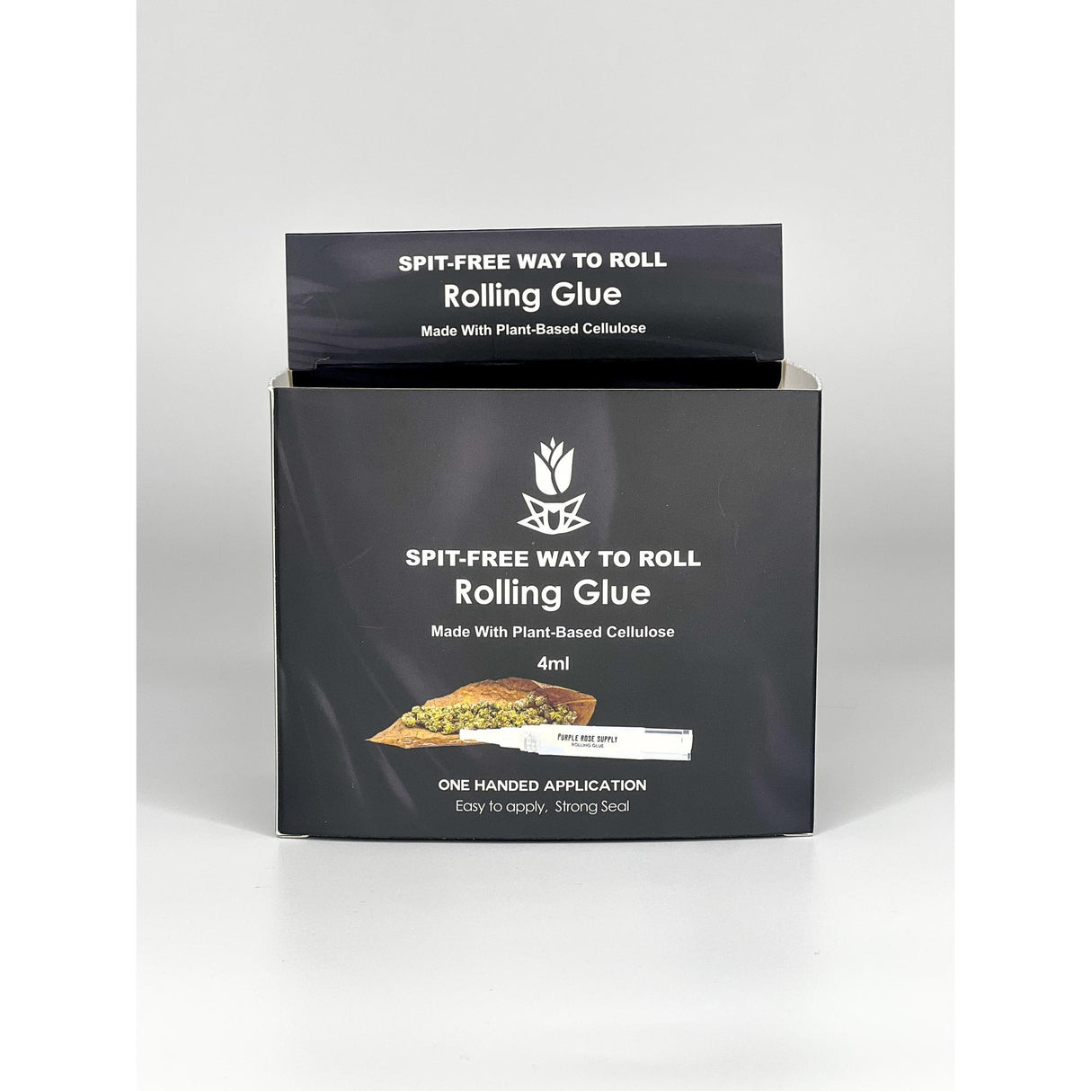 Rolling Glue Box - 4 ml - Carton of 24, featuring hygienic packaging with white text and plant imagery, highlighting its spit-free, precise application benefits.