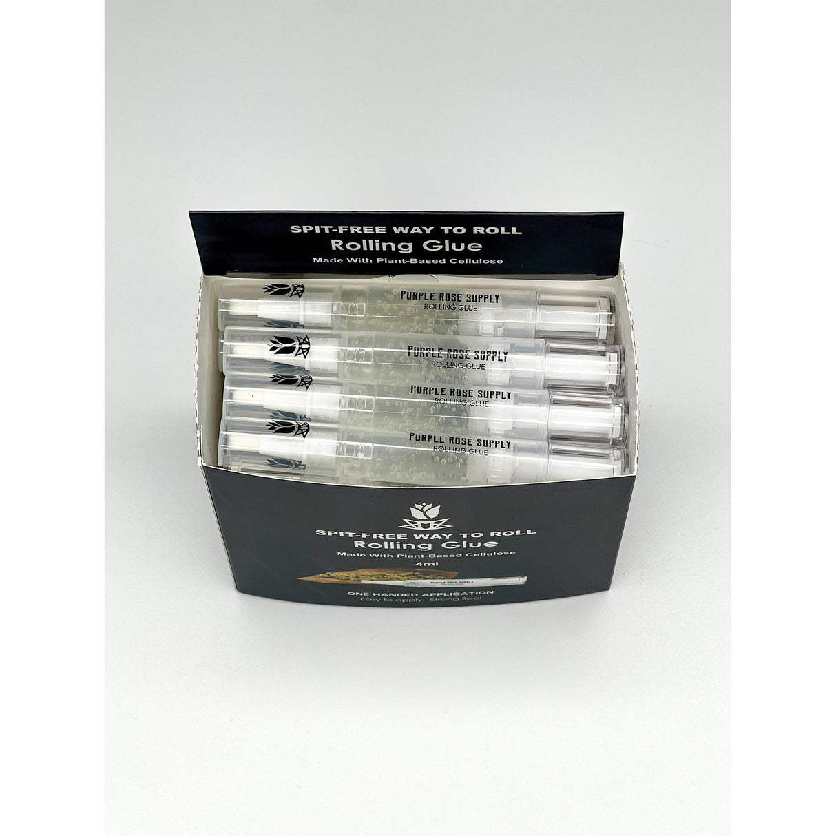 Rolling Glue Box - 4 ml - Carton of 24, featuring glue sticks with built-in brushes for precise, spit-free application, ideal for smoke shop displays.