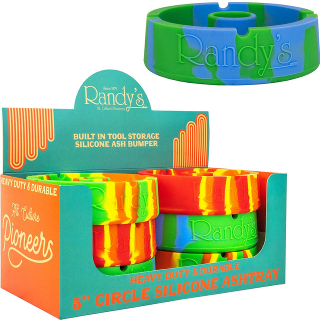 Display of Randy's Round Silicone Ash Tray - 6 pack, featuring durable, multicolored silicone ashtrays with built-in storage slots, ideal for organized and stylish smoking sessions.