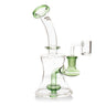 8 Tall Concentrate Dab Rig with green accents, beaker-style base, angled neck, quartz banger, and UFO percolator, offering smooth, flavorful vapor in a compact design.