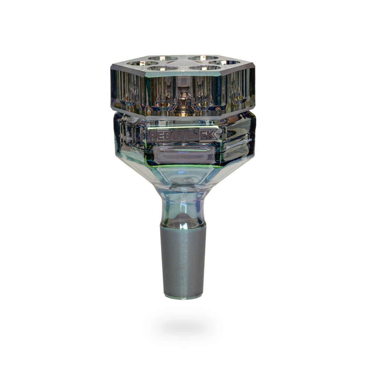 14mm Terminator Revolution Pull-Out Bowl V2 features a glass design with multiple top chamber holes and an 18 mm male joint for hookah stems.