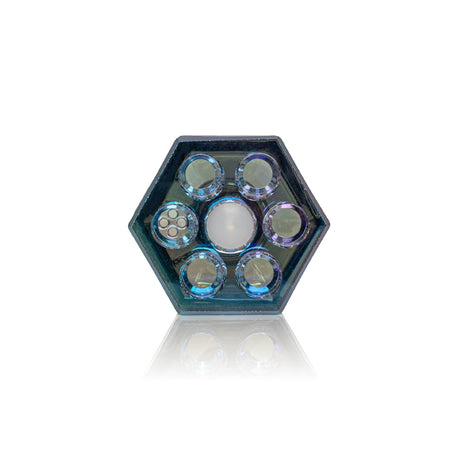 The 14mm Terminator Revolution Pull-Out Bowl V2 features a hexagonal head with seven lenses, showcasing its innovative multi-bowl design and hex-cut grip.