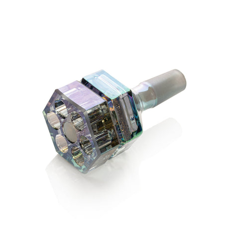 14mm Terminator Revolution Pull-Out Bowl V2: A glass smoking accessory with a hexagonal honeycomb percolator and male joint for enhanced vapor diffusion in water pipes or dab rigs.